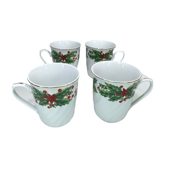 Set Of 4 Truly Tasteful Fine China Christmas Holly Berry Mugs 4.5" Tall Gold Rim - Picture 6 of 10